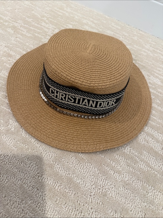 Dior Accessories - Dior Tan Straw Boater with Navy Christian Dior Band and Crystal Trim